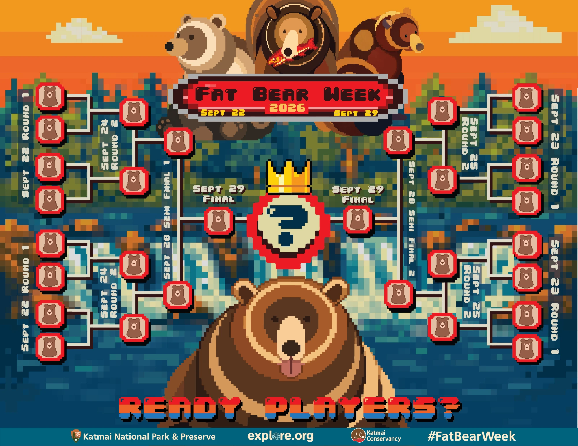 Fat Bear Week 2026, the park's bracket sheet: sixteen bears, four rounds, and a crown in the middle.